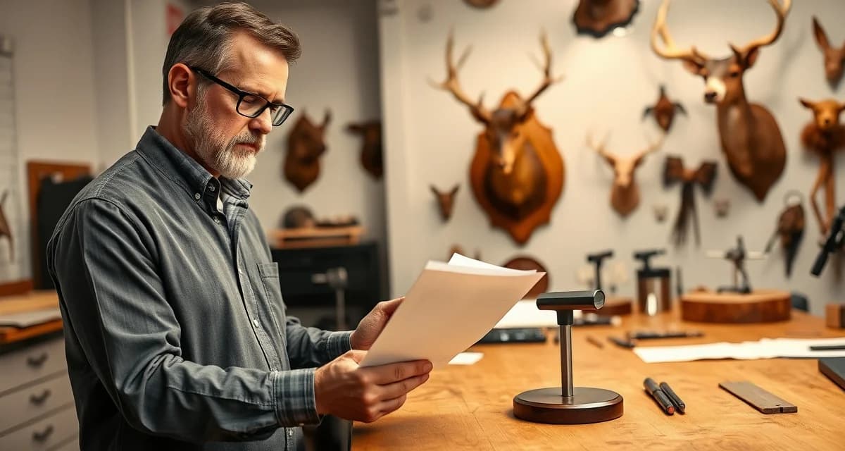 Professional taxidermy deposit intake process Taxidermist reviewing deposit requirements and intake agreement with client paperwork on desk