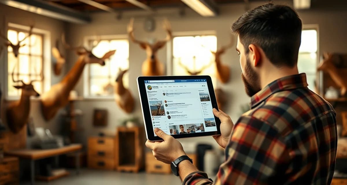Professional taxidermy shop social media management Taxidermist managing Facebook business page for shop with mounted wildlife displays and customer reviews visible
