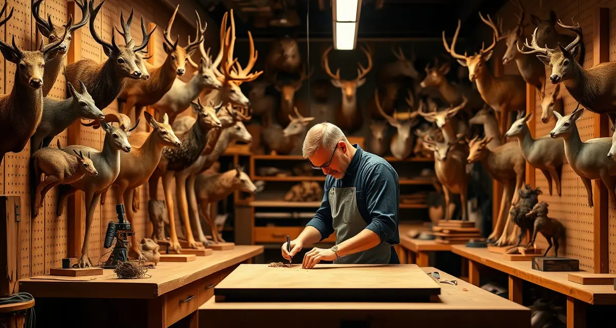 Skilled taxidermist demonstrating professional craftsmanship and business success Professional taxidermist working on detailed specimen preparation at modern workbench in well-organized studio setting