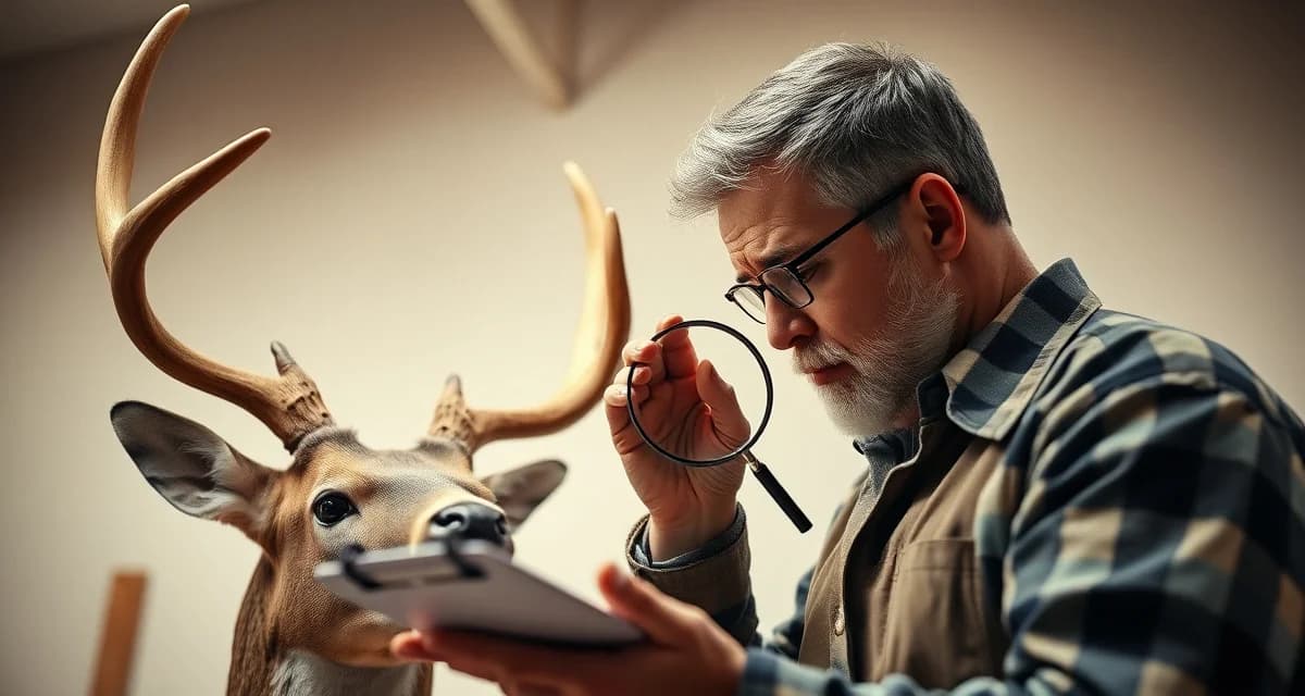 Damage assessment documentation process Taxidermist examining mounted specimen for damage with magnifying glass and documentation checklist