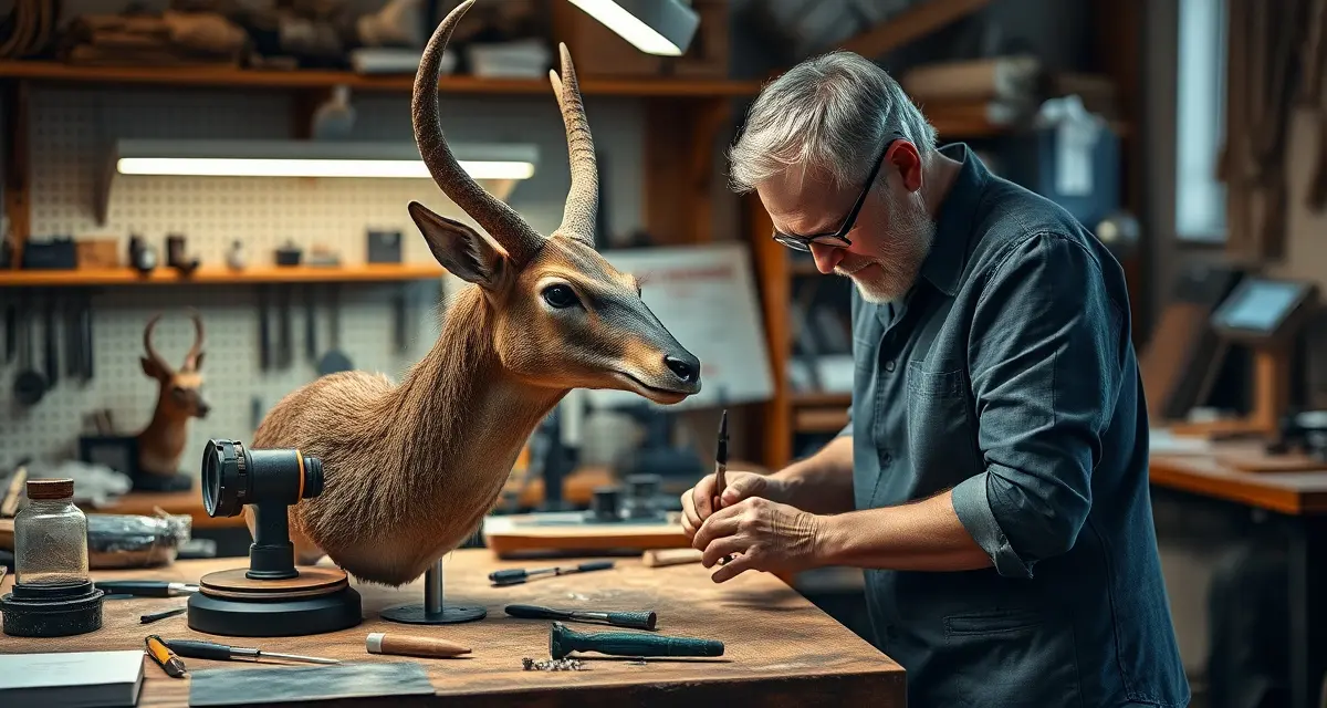 Master taxidermist at work in professional studio Professional taxidermist demonstrating skilled craftsmanship at workbench with mounted animal specimen and specialized tools