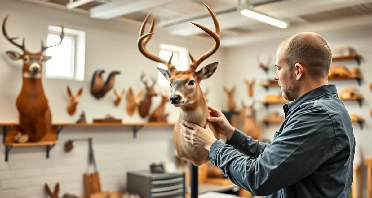 Professional Taxidermy License Compliance Licensed taxidermist inspecting professional wildlife mount in compliant studio workspace, demonstrating proper taxidermy business licensing standards.
