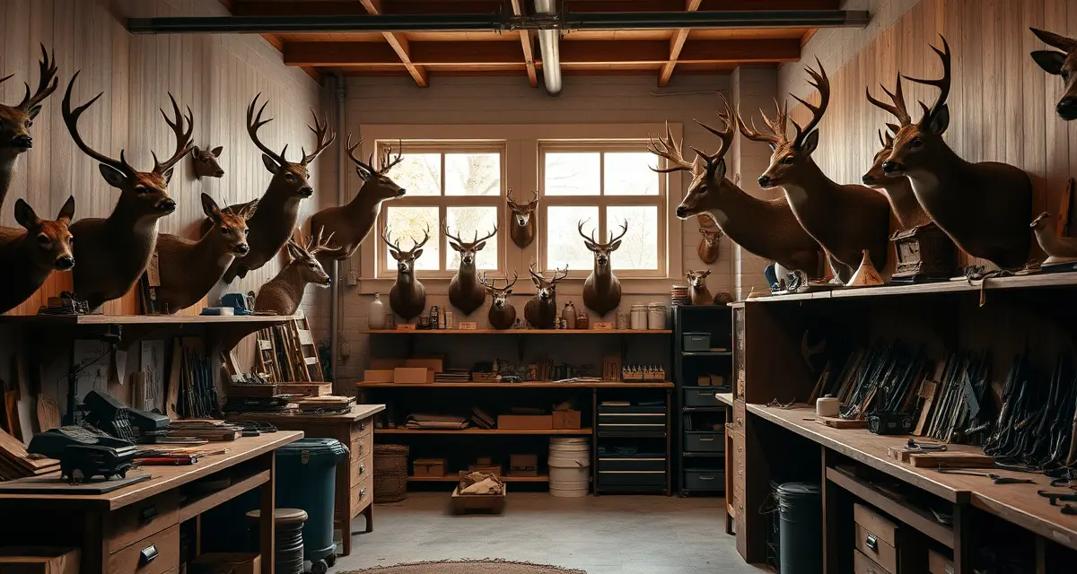 Taxidermist peak season workflow and mounted specimens Professional taxidermist workshop showcasing mounted deer during peak hunting season busy period with organized displays and studio lighting