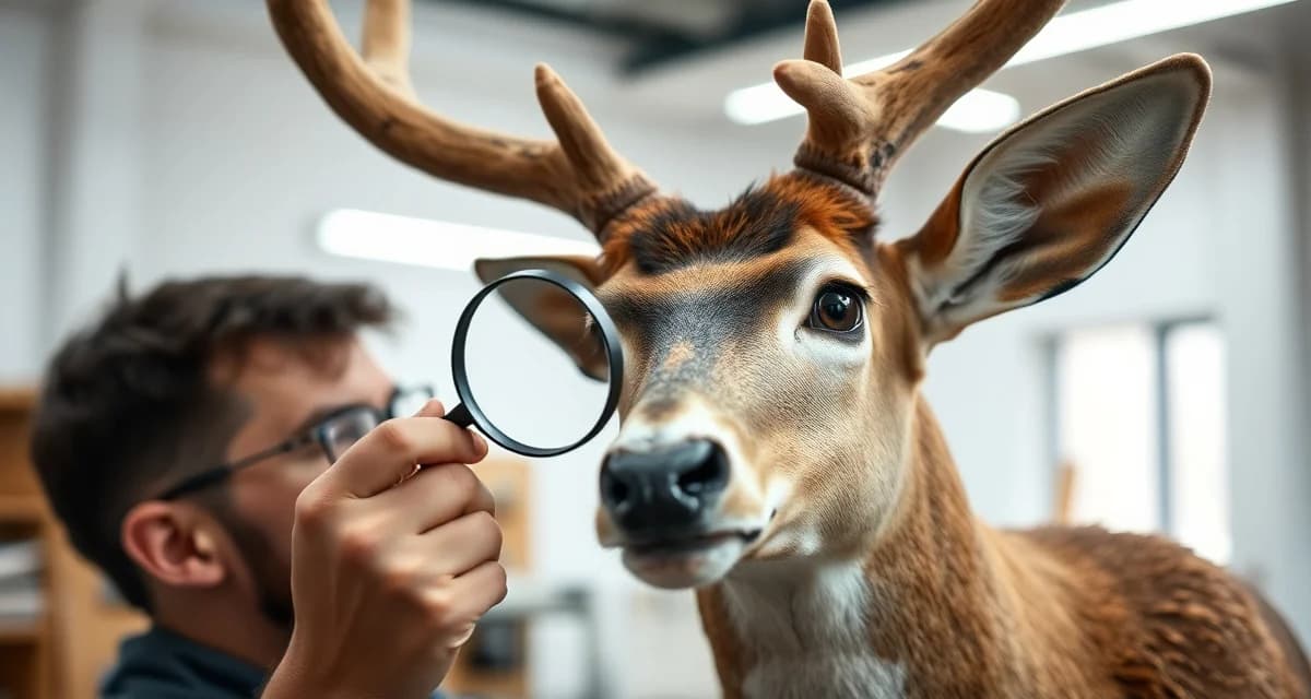 Professional taxidermy quality inspection process Taxidermist inspecting mounted deer head for quality signs including eye placement, fur condition, and anatomical accuracy