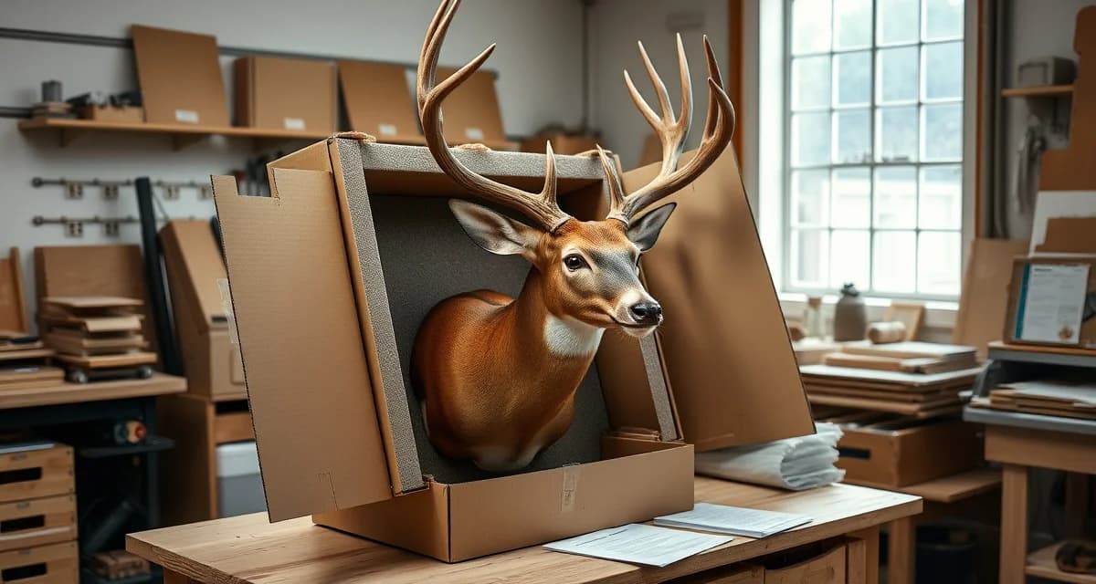 Professional mount shipping and packaging process Taxidermist securely packaging finished mount in protective shipping box with foam padding and documentation for safe delivery