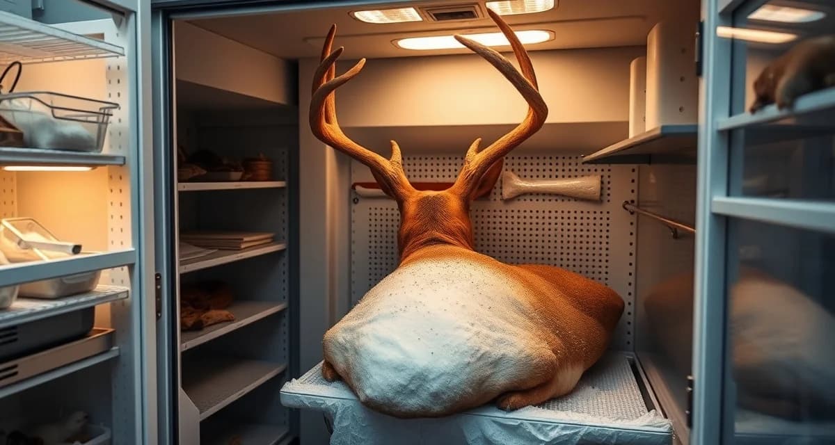 Professional specimen storage in taxidermy workshop Properly frozen taxidermy specimen cape stored in climate-controlled freezer for long-term preservation and mounting