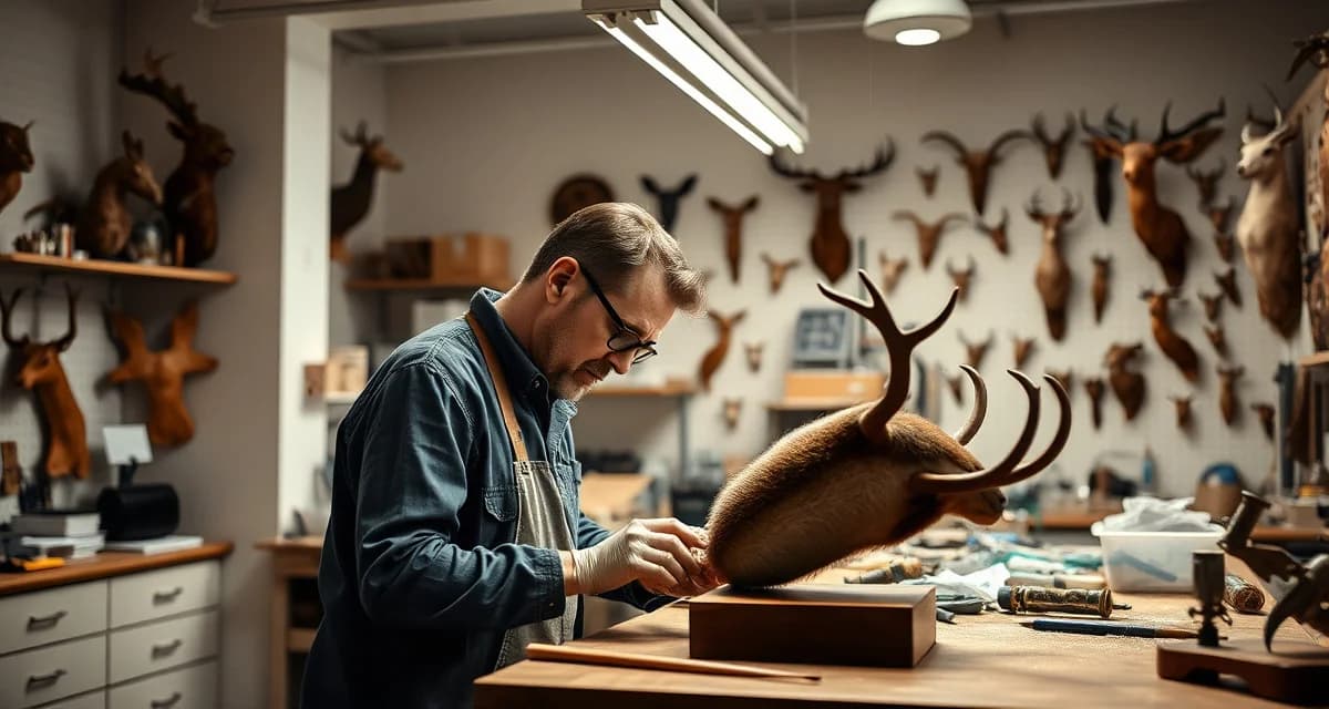 Taxidermy education and professional training techniques Professional taxidermist demonstrating detailed work on animal specimen during hands-on training demonstration in studio.