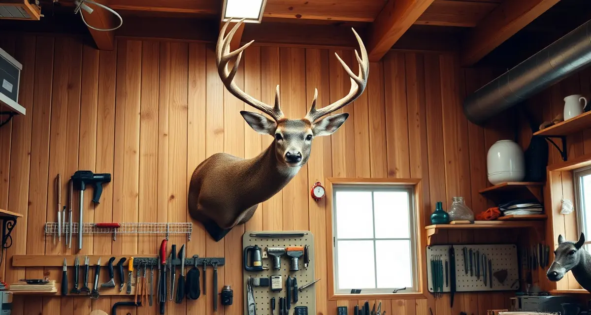 Taxidermy shop with mounted antlers and legal compliance setup Taxidermist workspace displaying mounted deer antlers on wall, representing abandoned mount property law and unclaimed antler regulations