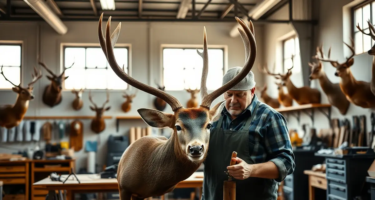 Expert taxidermy work in professional studio setting Professional taxidermist crafting a mounted deer head in modern workshop with quality lighting and finished taxidermy displays