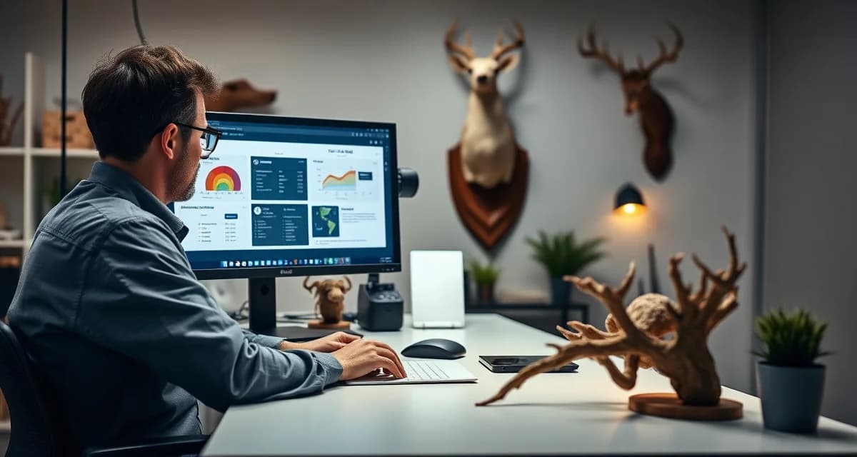 Software dashboard helping taxidermists streamline operations Professional taxidermist using management software on computer to track jobs and increase production efficiency in modern studio setting