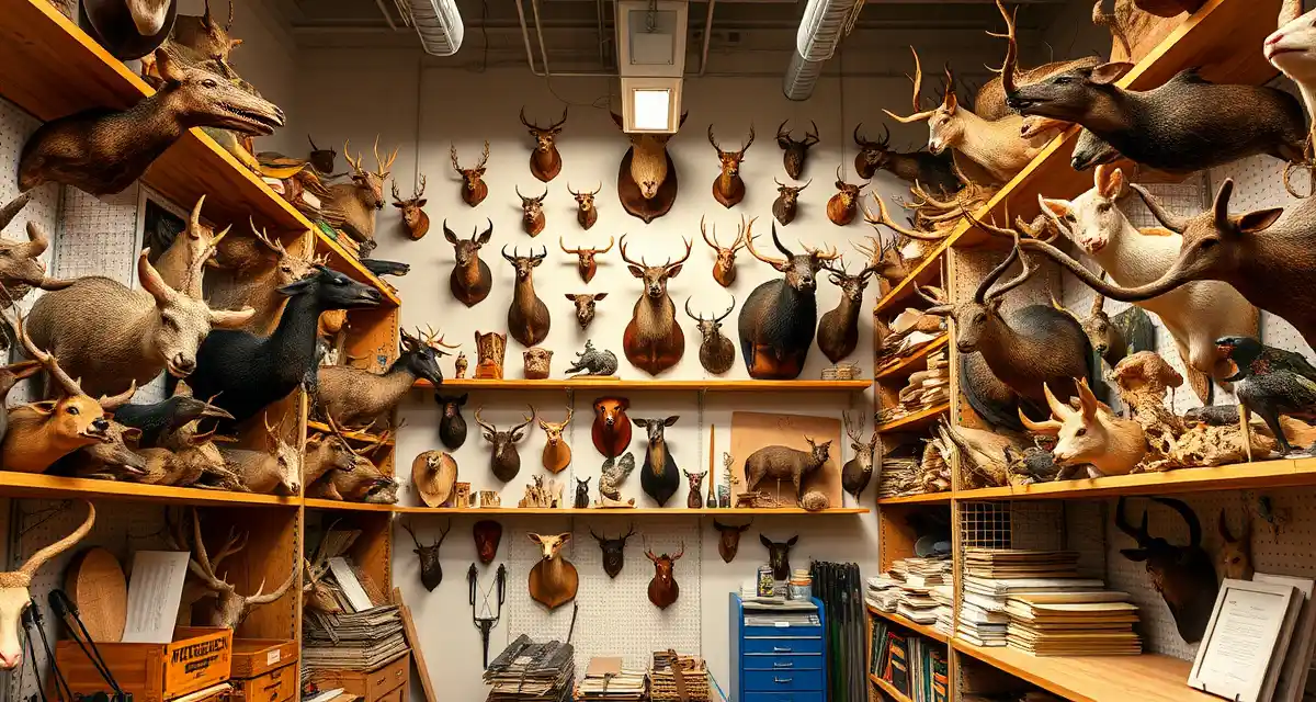 Taxidermy shop storage and legal compliance systems Professional taxidermy workshop with organized mounted specimens and legal documentation storage for abandoned mount management