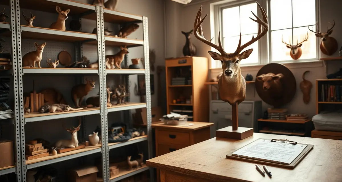 Professional taxidermy business documentation and storage Organized taxidermy studio workspace with mounted specimens and legal documentation for abandoned mounts management and state compliance.