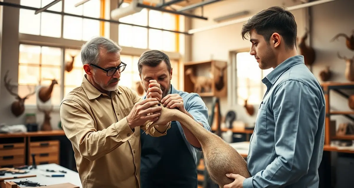 Master taxidermist mentoring next generation Experienced taxidermy instructor teaching apprentice proper mounting technique in professional workshop setting