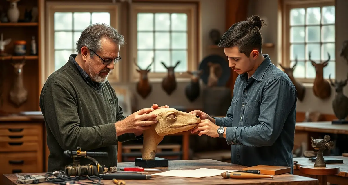 Professional taxidermy apprentice training and mentorship Experienced taxidermy mentor demonstrating proper technique to apprentice at organized workbench with tools and mounted specimens.