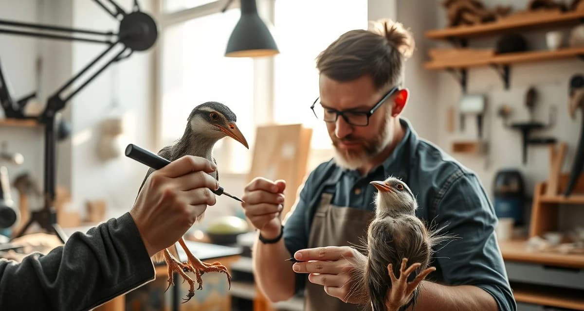 Bird taxidermy specialist at work Professional taxidermist working on a detailed bird mount in a specialized workshop with precision tools and modern equipment.