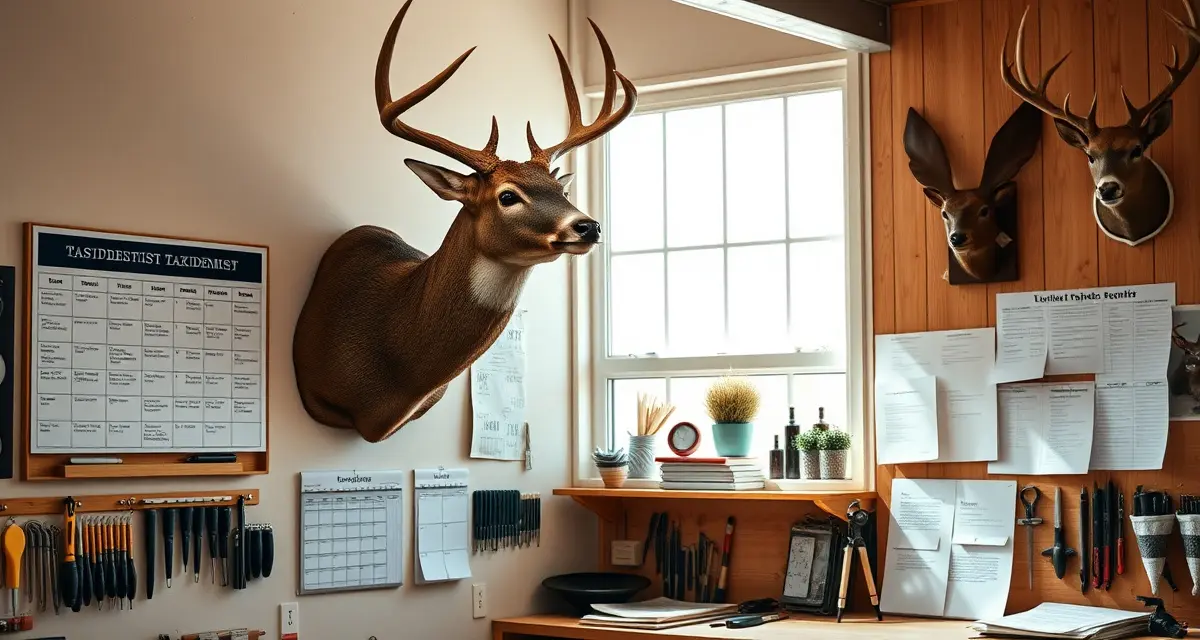 Advanced taxidermy booking schedule planning Professional taxidermist workshop showing mounted deer and booking calendar, demonstrating when to book taxidermy services before season.