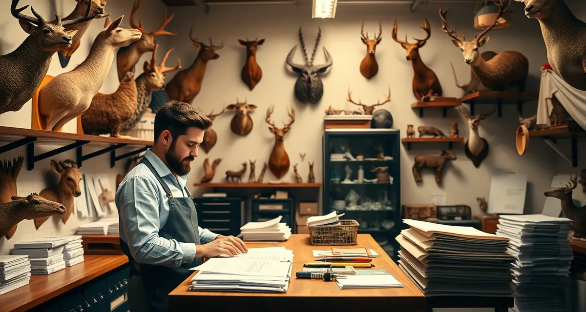Professional taxidermy business setup and management Taxidermy shop owner organizing business documents and licensing requirements for starting a taxidermy business