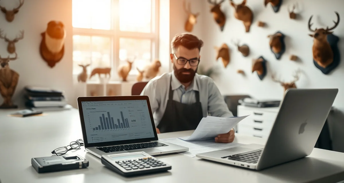 Taxidermy business expense deduction documentation Taxidermist reviewing business tax deductions and expense documentation at studio workspace with accounting software