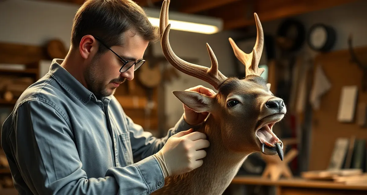 Taxidermy craftsmanship and career opportunity Professional taxidermist mounting a deer head with precision tools in a modern workshop studio