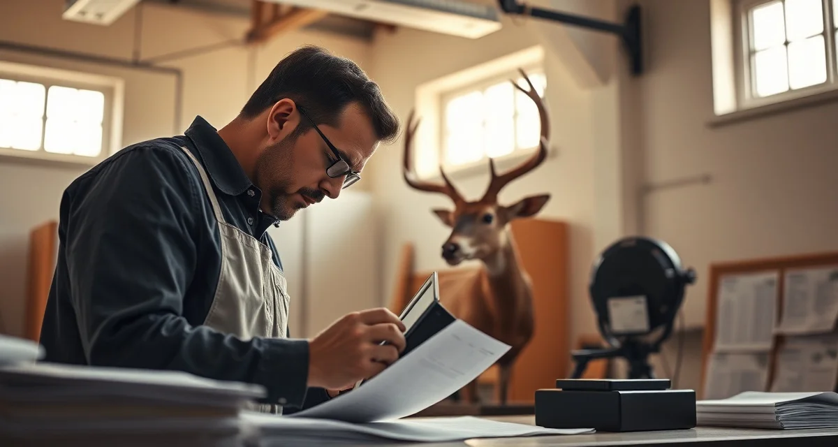 Competition preparation workspace setup Professional taxidermist reviewing competition mount details at organized workspace with entry forms and reference materials