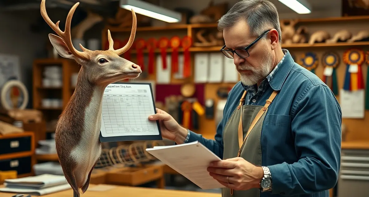 Professional Competition Prep Documentation Taxidermist documenting competition entry with detailed records and timeline management system for show preparation