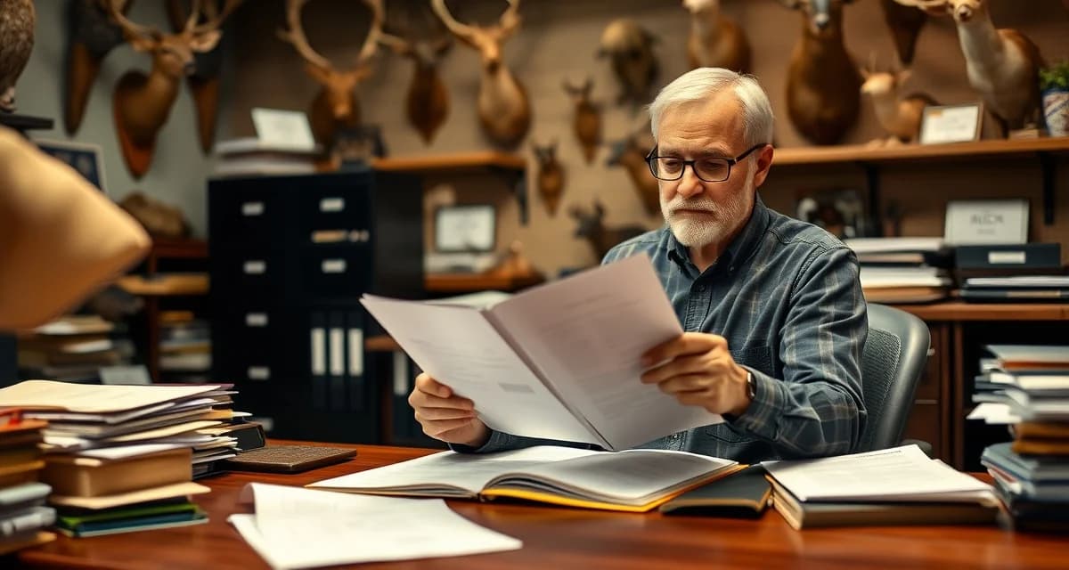 Wildlife compliance audit documentation review Taxidermy shop owner reviewing wildlife compliance audit documents and records at desk during regulatory inspection process