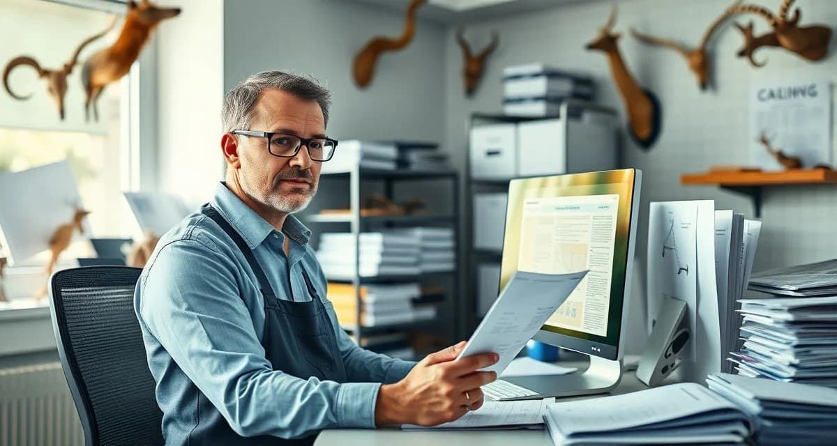 Preparing for Wildlife Compliance Inspection Taxidermy shop owner preparing digital compliance records for wildlife inspection with organized documentation systems visible