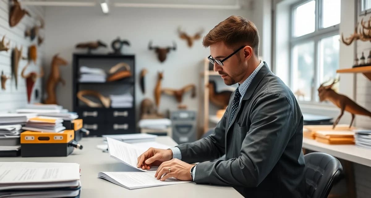 Regulatory compliance documentation in taxidermy business Taxidermist reviewing wildlife compliance documentation and federal records to avoid costly licensing violations