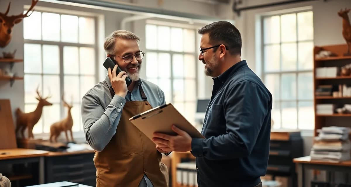 Proactive customer communication in taxidermy business Taxidermist communicating with customer about mount project status and timeline updates in professional shop setting