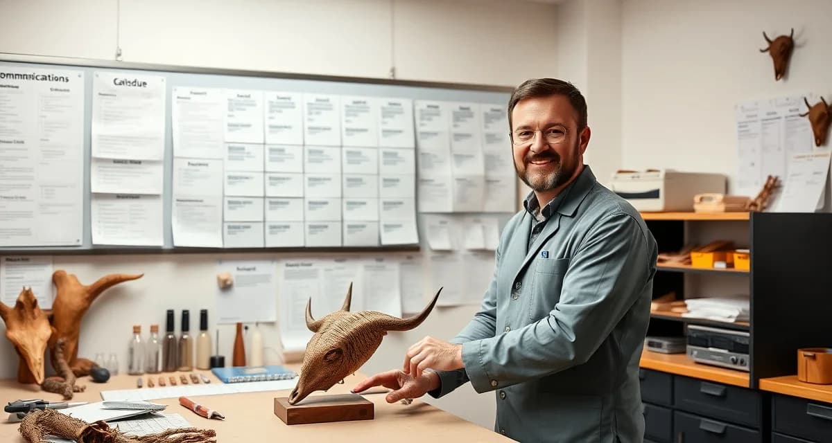 Streamlined taxidermy shop communication workflow Taxidermist using customer communication templates at workbench with mounted specimen and organized workflow system