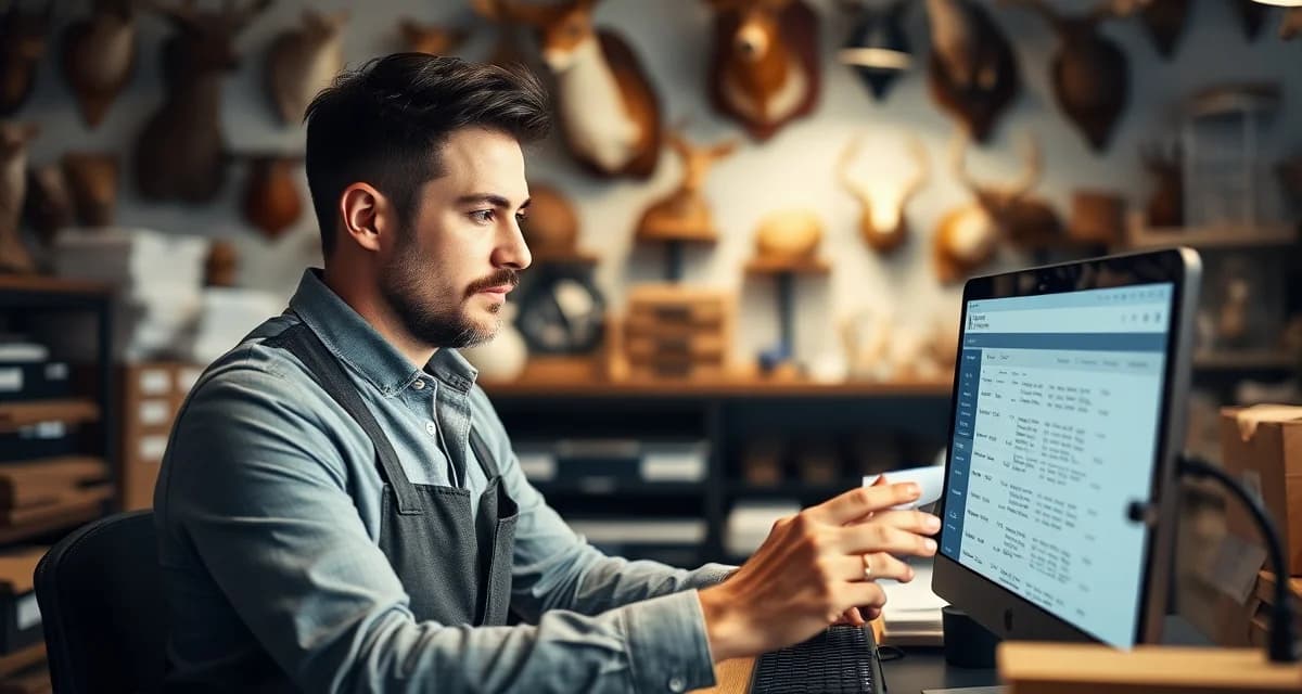 Building a profitable taxidermy customer database Taxidermy shop owner organizing customer database records for repeat business and pre-season marketing campaigns