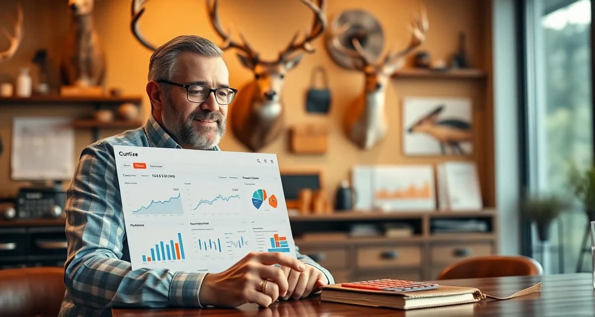 CLV analysis for taxidermy business growth Taxidermy shop owner analyzing customer lifetime value and retention metrics to increase revenue and hunter loyalty.