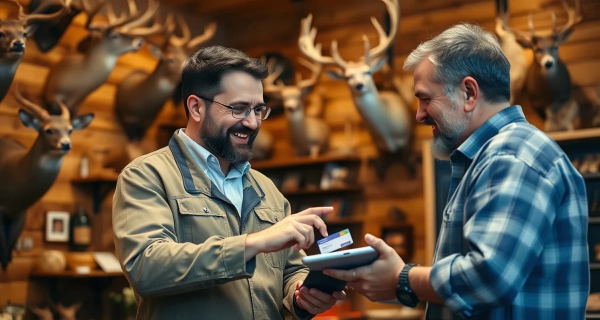 Building customer loyalty in taxidermy business Taxidermist discussing loyalty program benefits with repeat customer in professional shop setting with mounted wildlife displays