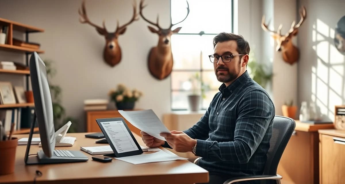 Streamlined taxidermy shop customer onboarding Taxidermy shop owner managing customer onboarding workflow with intake forms and tracking system at professional workspace