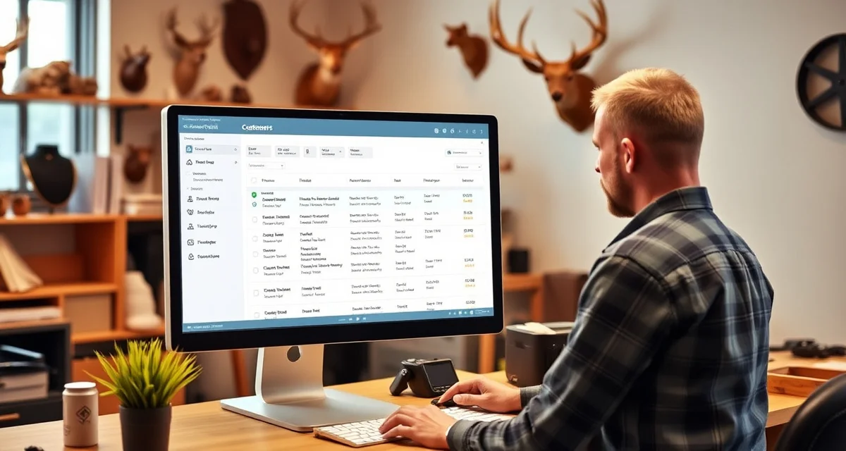 Browser-based taxidermy shop management system Taxidermist customer portal dashboard interface showing project status tracking and timeline updates without requiring app download