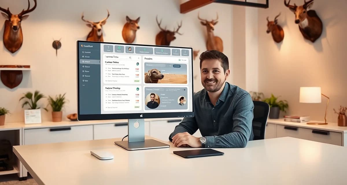 Customer portal software streamlines taxidermy business operations Taxidermy shop owner using a customer portal dashboard to manage mount projects and reduce status call interruptions