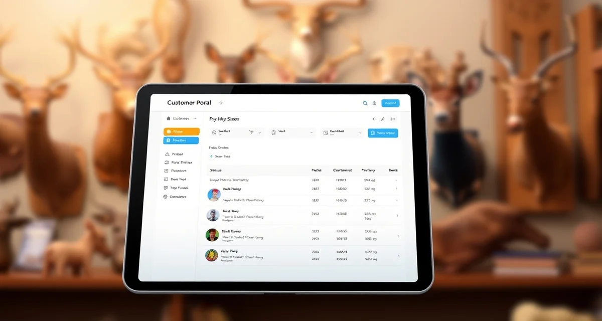 Taxidermy shop customer portal dashboard interface Digital customer portal interface for taxidermy shop management showing order tracking and project status updates on tablet device