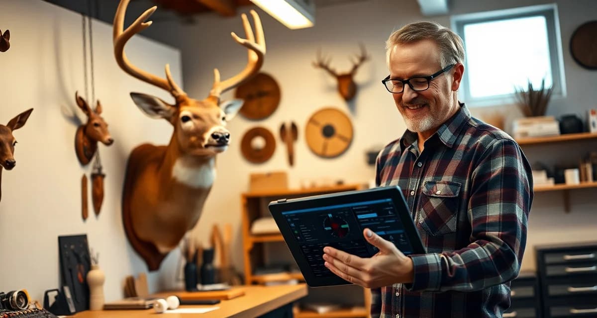 Customer portal for taxidermy mount tracking Taxidermy shop customer using online portal to track mount progress on tablet in professional studio workspace