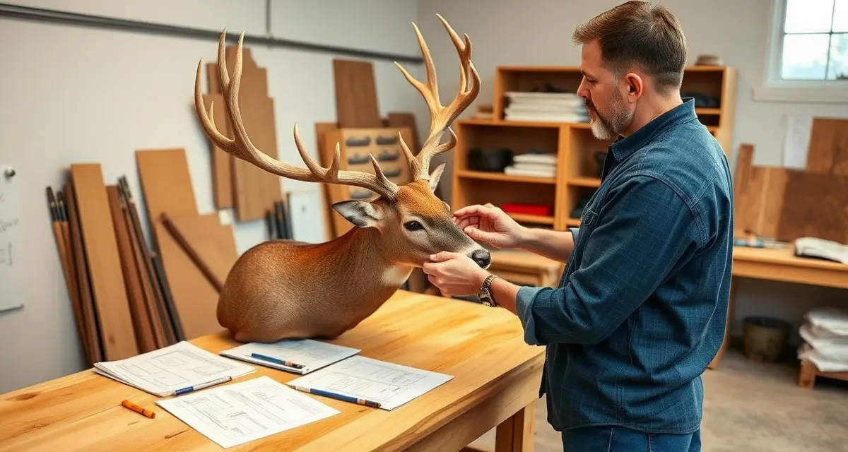 Pose selection consultation at taxidermy shop intake Taxidermist discussing shoulder mount pose options with client to document preferences at intake and reduce rework requests.