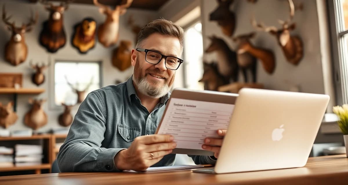 Customer satisfaction measurement for taxidermy businesses Taxidermy shop owner analyzing customer satisfaction survey data on tablet to improve repeat business rates