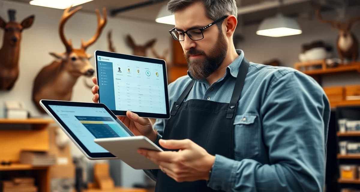 Managing taxidermy customer status inquiries efficiently Taxidermy shop owner reviewing customer status update on tablet while examining mounted animal piece in workshop