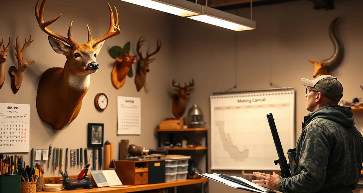 Deer season marketing planning for taxidermy shops Taxidermy shop owner reviewing deer season marketing calendar and pre-season campaign strategy for customer acquisition