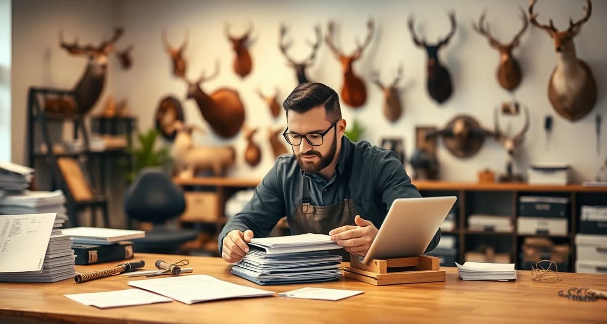 Professional deposit tracking for taxidermy businesses Taxidermist organizing deposit collection documents and payment records for customer accounts and project management