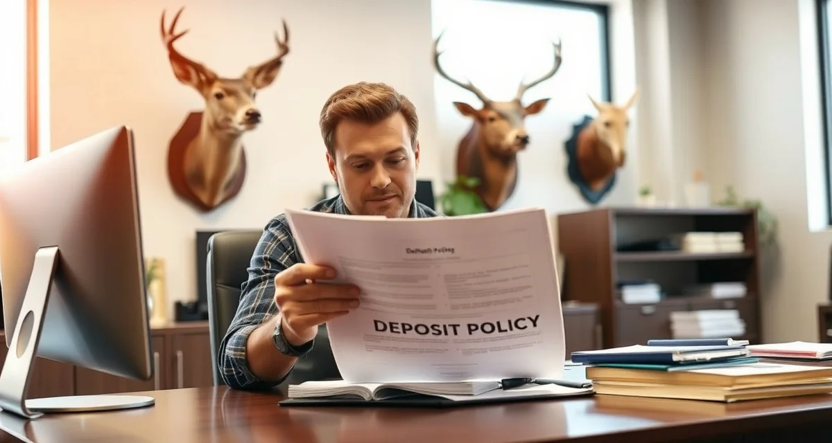 Understanding taxidermy deposit refund policies Taxidermy shop owner reviewing non-refundable deposit policy documentation at desk with professional lighting
