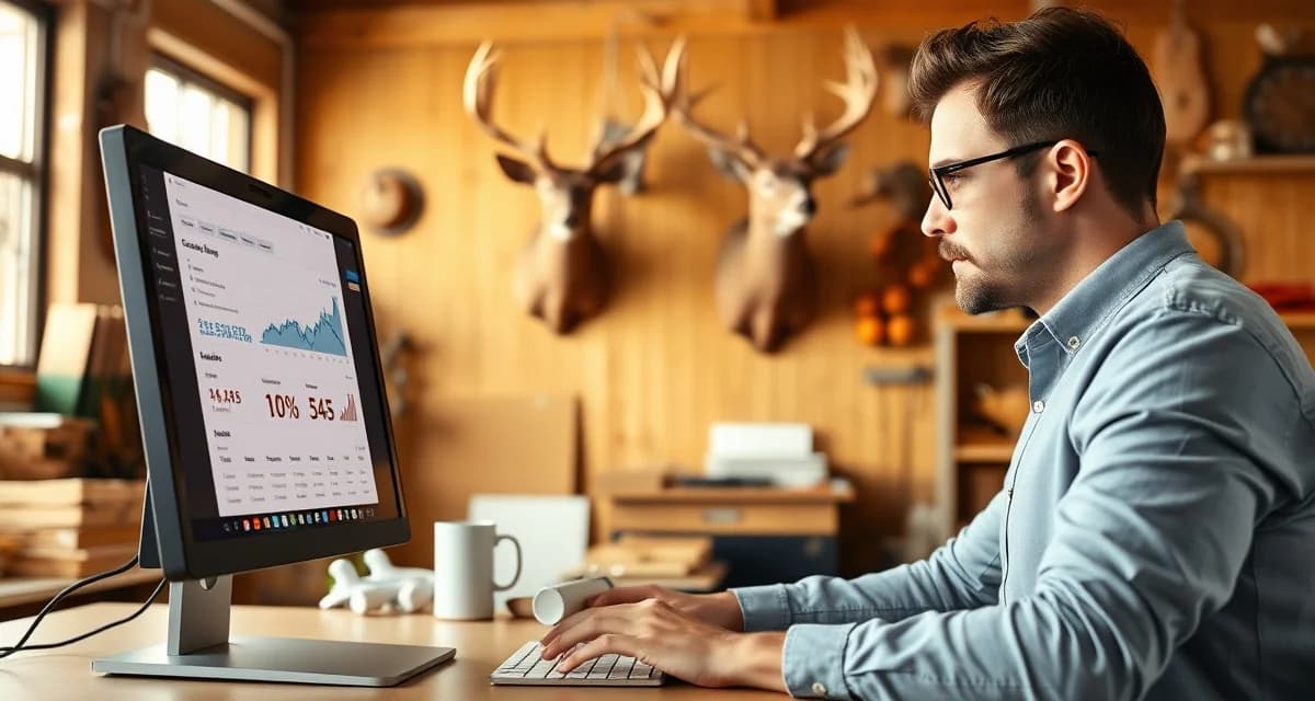 Email marketing strategy for taxidermy shops Taxidermy shop owner analyzing email marketing campaign results on computer, increasing pre-season deposits and bookings