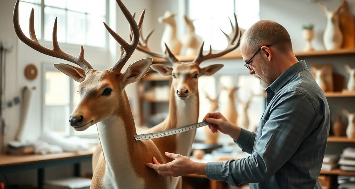 Proper form measurement techniques for taxidermy mounts Taxidermist measuring cape dimensions against animal form to ensure proper fit during taxidermy mount selection process