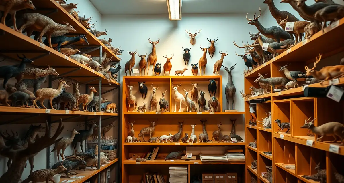 Taxidermy form storage and organization system Organized taxidermy shop storage shelves displaying animal forms arranged by species and size for efficient inventory management
