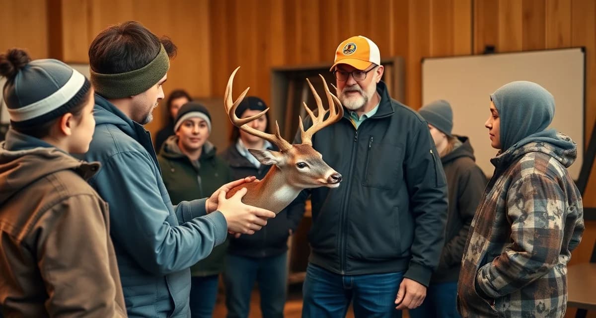 Hunter education workshop for taxidermy business development Taxidermy instructor teaching hunter education class on proper field care and trophy preservation techniques to new hunters