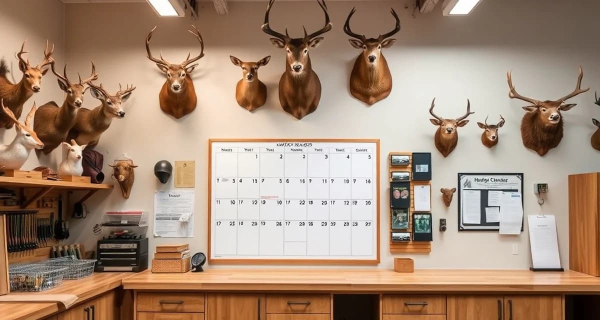 Hunting season calendar for taxidermy shop management Taxidermy shop hunting season calendar resource covering 50 states and 12+ species for intake prediction and seasonal planning.