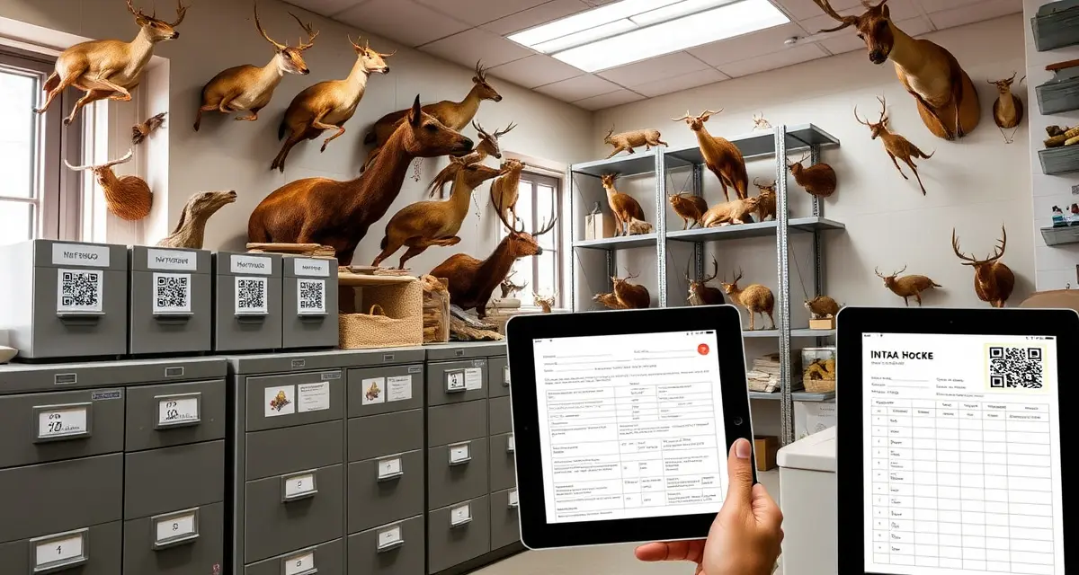 Specimen documentation best practices for insurance claims Organized taxidermy shop workspace with specimen storage documentation system and QR code tracking for insurance claim preparation